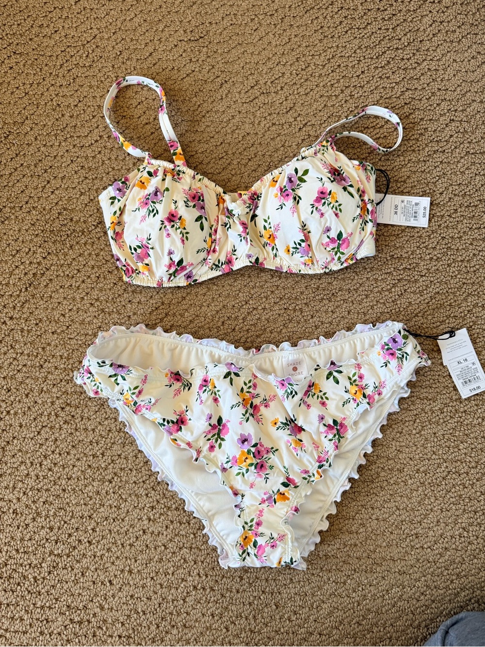 Shade & Shore Cream Floral Ruffle Bikini Set
